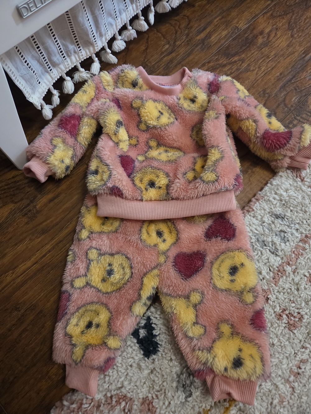 Disney Pink Plush Pajama Set with Yellow Teddy & Red Heart Accents